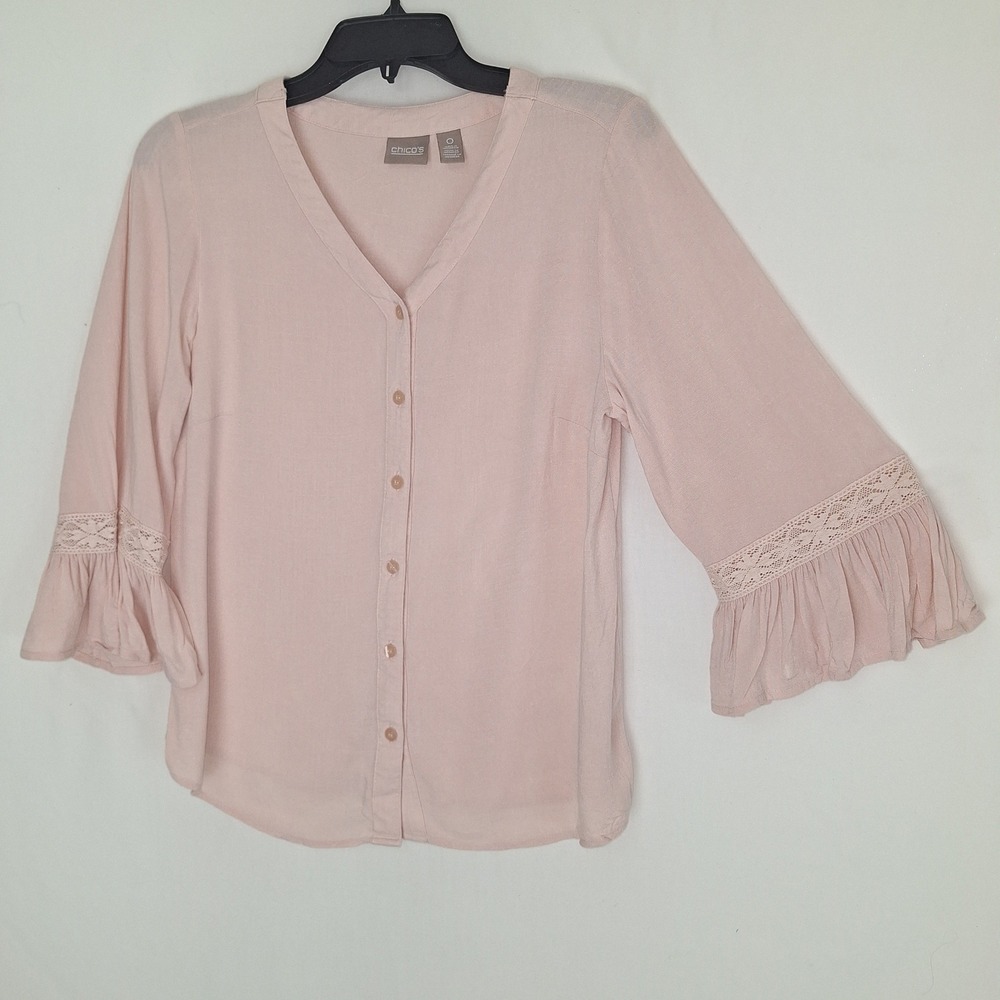 Cottagecore‎ Boho Bohemian Chicos Crochet Lace Ruffle Sleeve Button Front Blouse